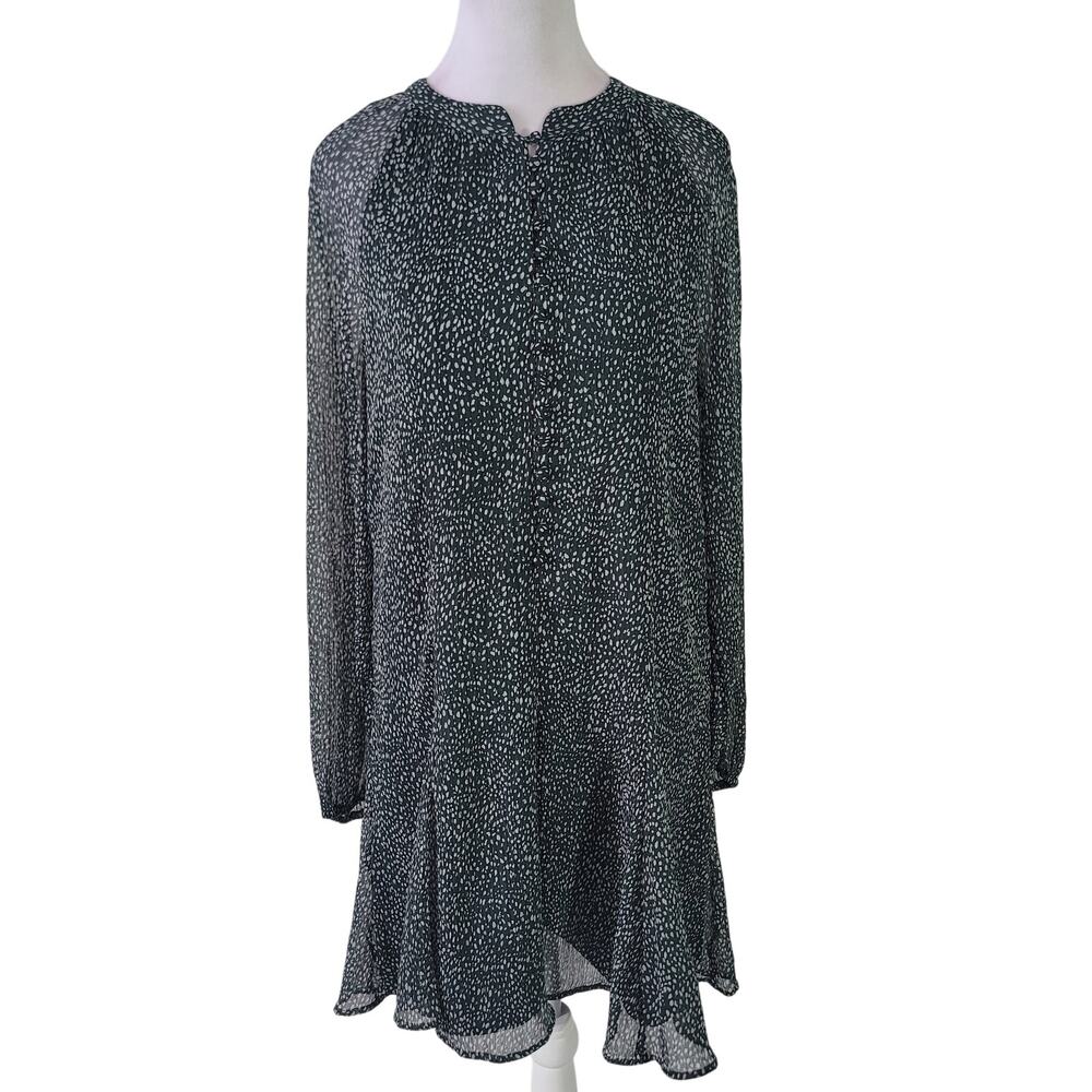 Joie Size M Long Sleeve Shirt Dress Green White Dot Lined Front Button High Neck